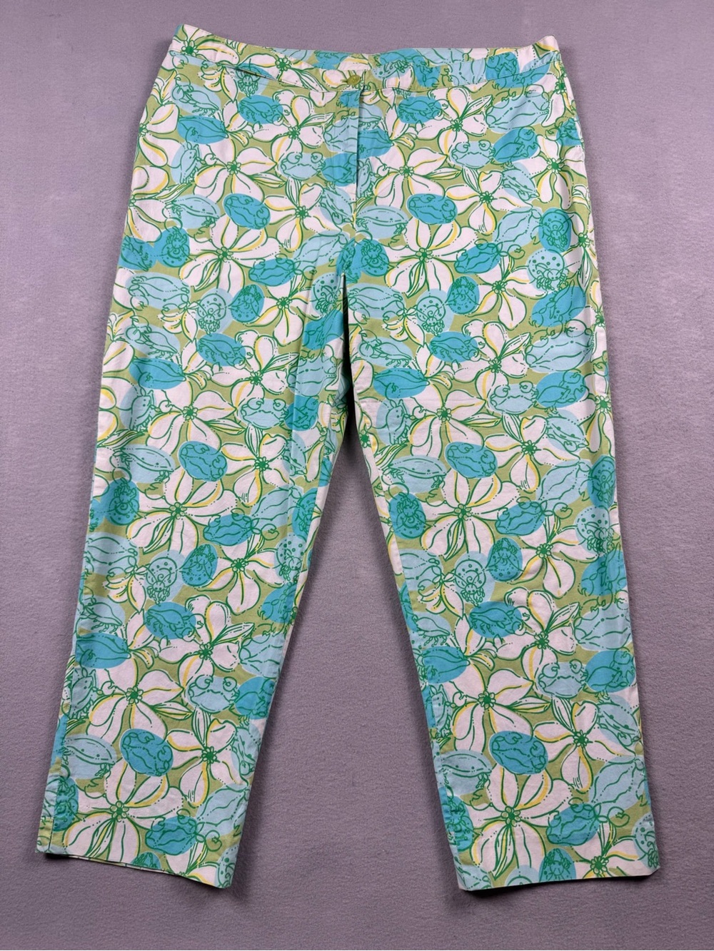 VTG Lilly Pulitzer Y2K Blue Green Crab Floral Pants 16 White Label Tag Reaortwea